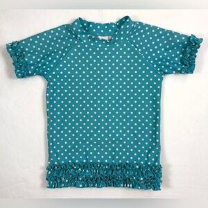 RUFFLE BUTTS Girl's Teal Polka Dot Ruffle Short‎ Sleeve Swim Rash Guard Size 6